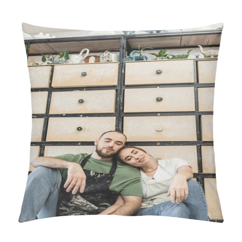 Personality  Smiling Craftswoman Closing Eyes And Holding Hand Of Boyfriend Near Cupboard In Ceramic Workshop Pillow Covers