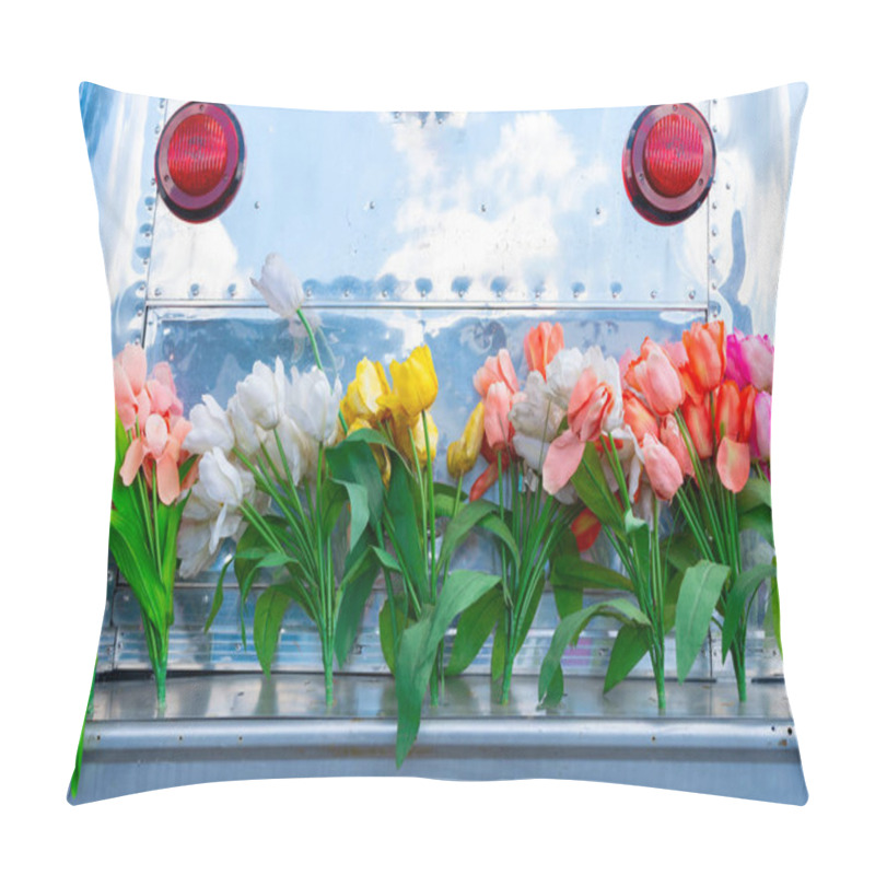 Personality  Vintage Travel Trailer Camper With Aluminum Siding And A Tail Gate Bumper Covered In Tulip Flowers, Depicting The Hippie Era Or A Fun Lifestyle. Pillow Covers