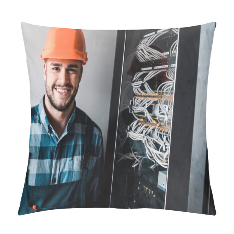 Personality  Happy Technician Looking At Camera Near Wires And Cables  Pillow Covers