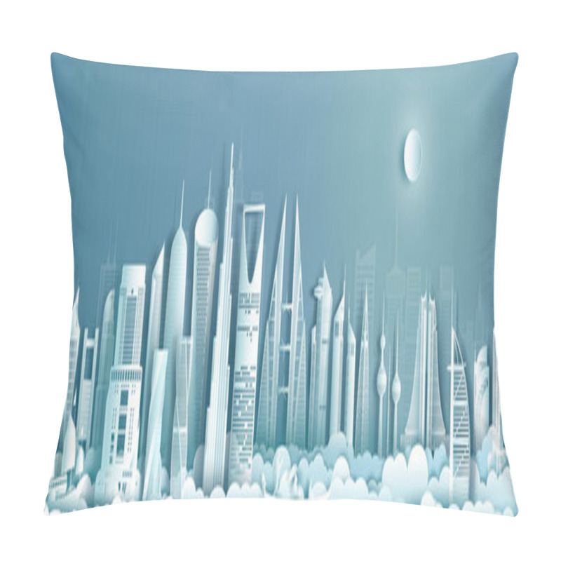 Personality  Travel To Middle East Landmarks Of Asia With Modern Architecture Cityscape Background. Tourism Arab To Saudi Arabia, Qatar, Bahrain, UAE, Kuwait, Jordan, Business Brochure Design.Vector Illustration Pillow Covers