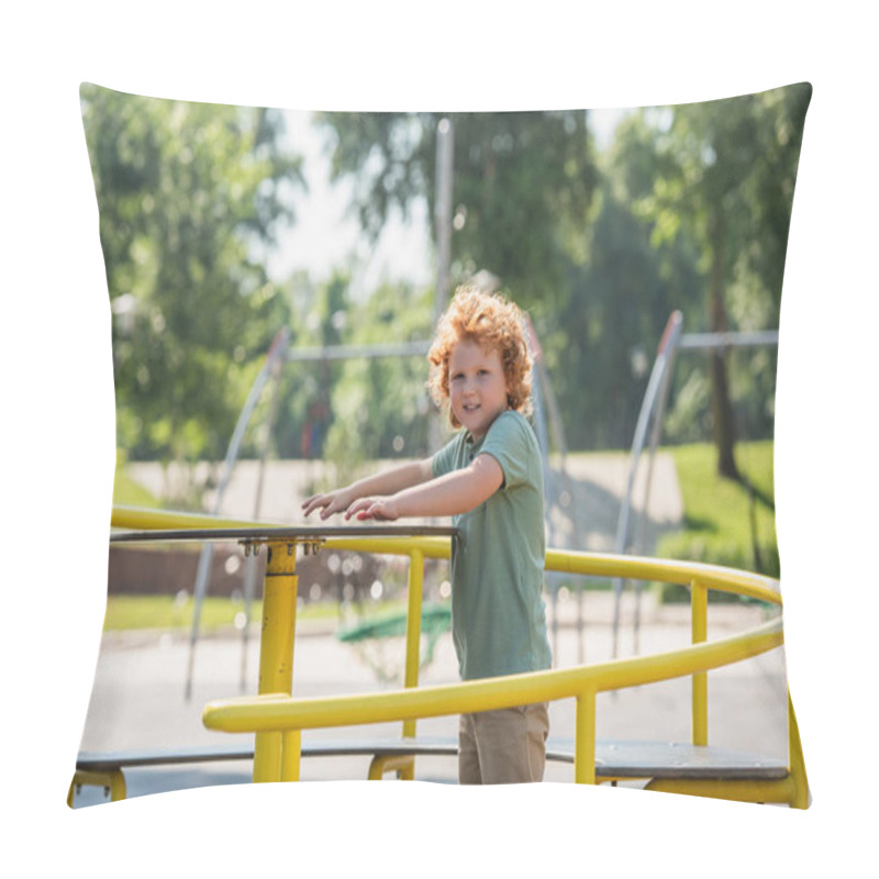 Personality  Excited Boy Looking At Camera While Riding Carousel In Park Pillow Covers