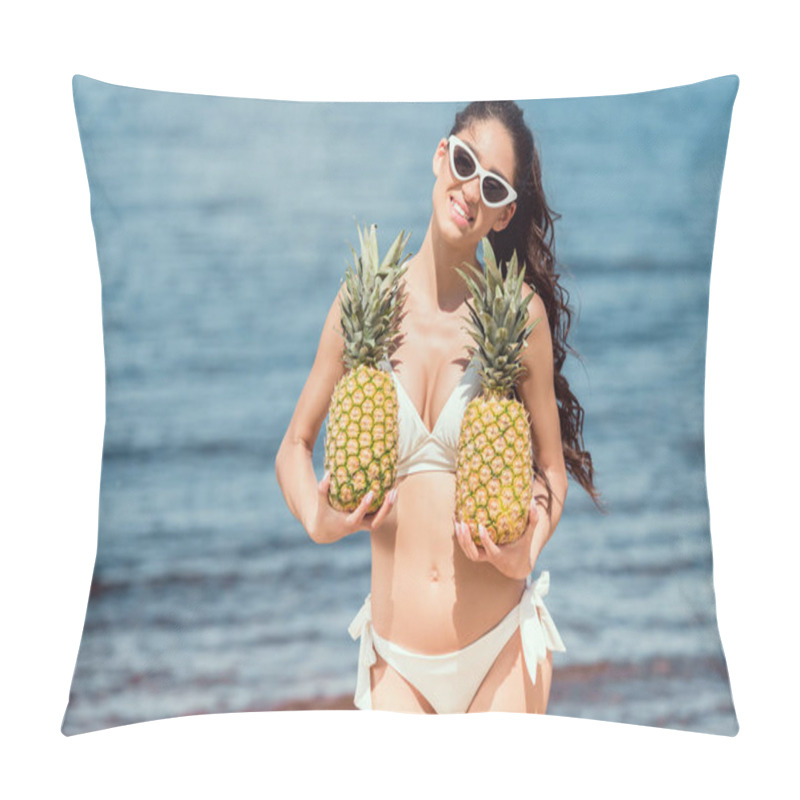 Personality  Beautiful Smiling Woman In Bikini And Sunglasses Holding Fresh Pineapples Near The Sea Pillow Covers