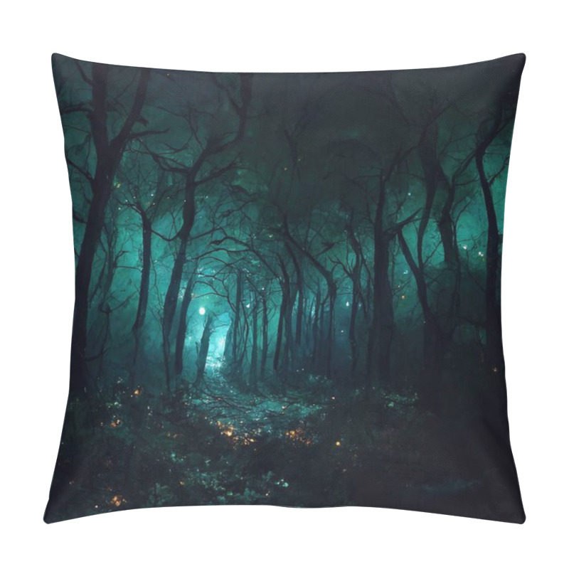 Personality  Realistic Haunted Forest Creepy Landscape At Night. Fantasy Halloween Forest Background. Surreal Mysterious Atmospheric Woods Design Backdrop. Digital Art. Pillow Covers