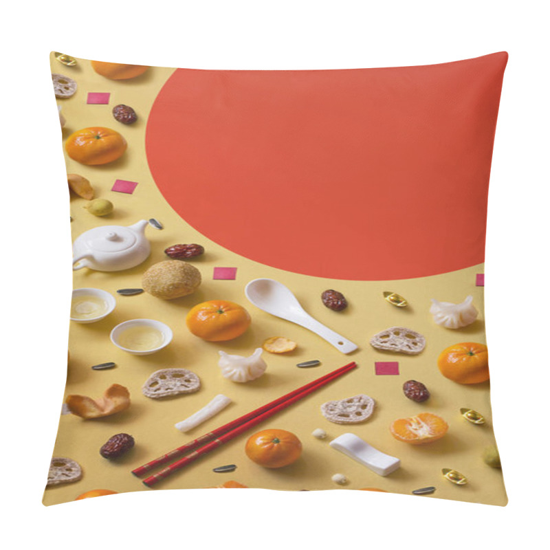 Personality  Flat Lay Chinese New Year Food And Drink Group Of Objects Still Life On Yellow Background. Text Space Image. Pillow Covers