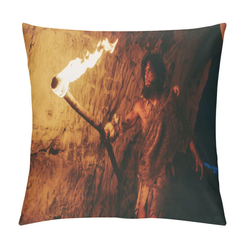 Personality  Primeval Caveman Wearing Animal Skin Exploring Cave At Night, Holding Torch With Fire Looking At Drawings On The Walls At Night. Neanderthal Searching Safe Place To Spend The Night Pillow Covers