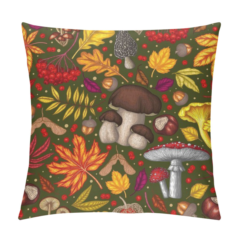 Personality   Seamless Vector Autumn Pattern. Maple Leaf, Chestnut, Mountain Ash, Chanterelles, White Mushroom, Fly Agaric, Fallen Leaves, Berries, Acorns, Physalis, Maple Seeds Pillow Covers