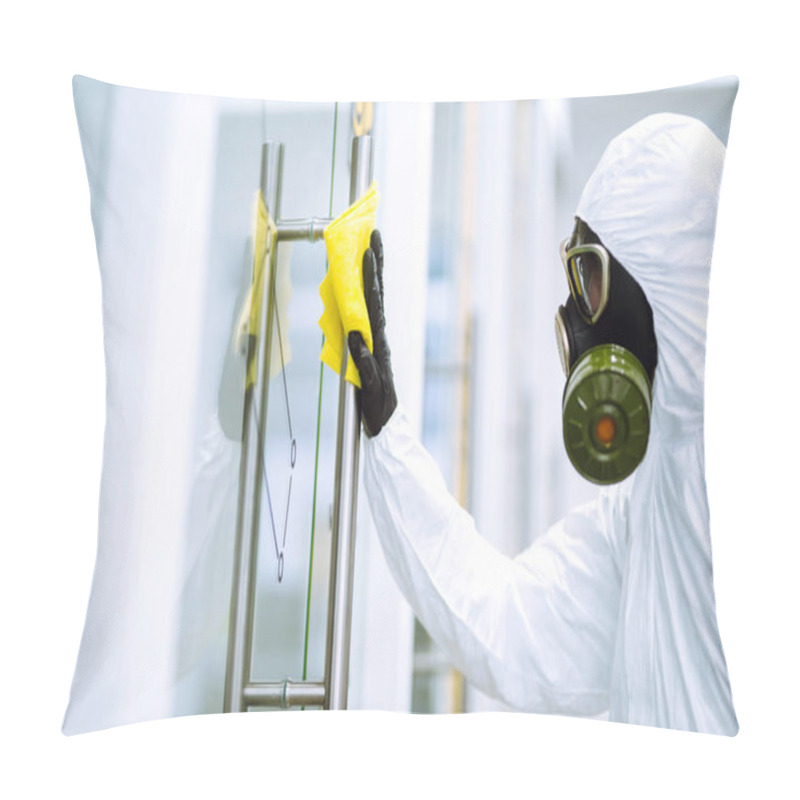 Personality  Cleaning And Disinfection Of Office To Prevent COVID-19, Man In Protective Hazmat Suit Washes Office Furniture To Preventing The Spread Of Coronavirus, Pandemic In Quarantine City. Pillow Covers