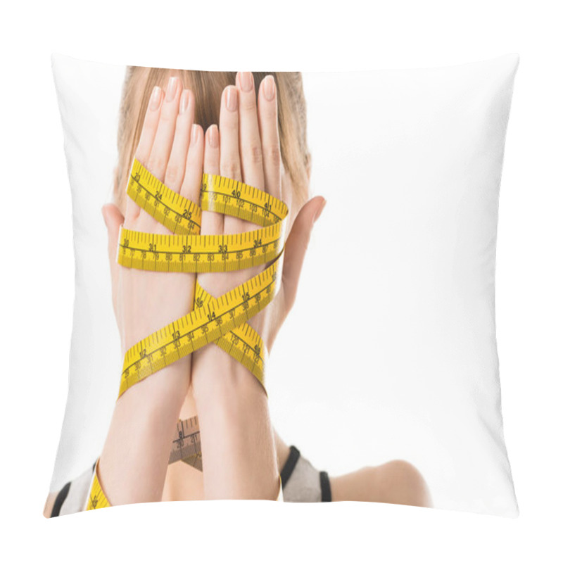 Personality  Woman Covering Face With Hands Tied In Measuring Tape Isolated On White Pillow Covers