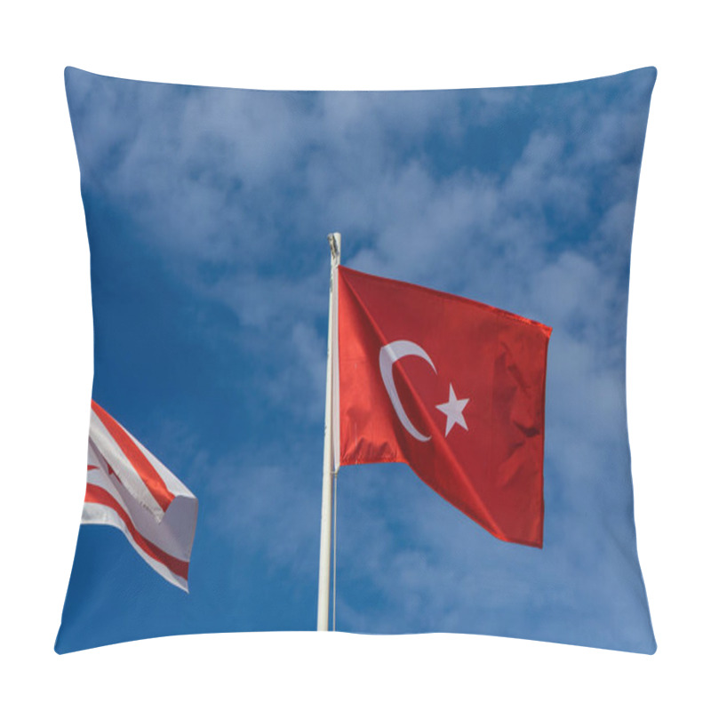 Personality  Two Flags, One From Turkey And Another From The Turkish Republic Of Northern Cyprus, Fly High Against A Bright Blue Sky, Symbolizing Friendship And Unity In A Scenic Outdoor Setting. Pillow Covers