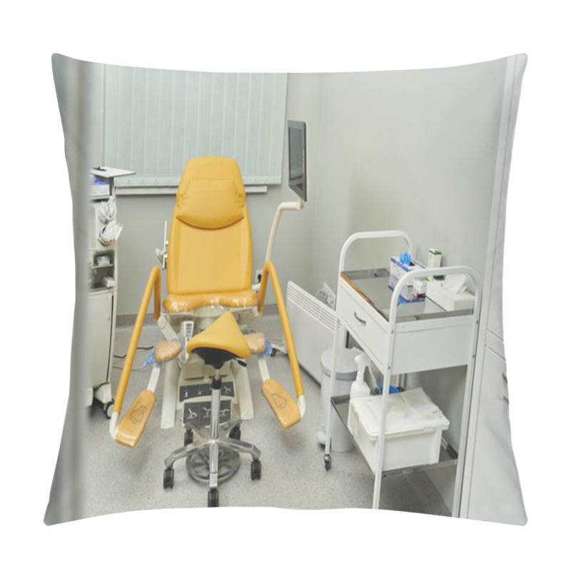 Personality  A Gynecologist Office With A Yellow Chair And Medical Tools For Female Health. Pillow Covers