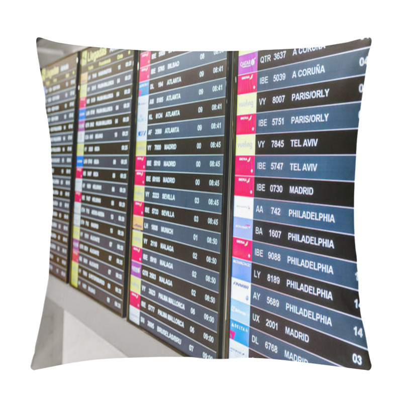 Personality  09 JULY 2018, BARCELONA, SPAIN: Airport Timetable For Departure And Arrivals Pillow Covers