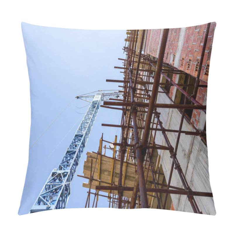 Personality  Scaffold And Crane Are Placed Against Unfinished Edifice, Building Under Construction. Pillow Covers