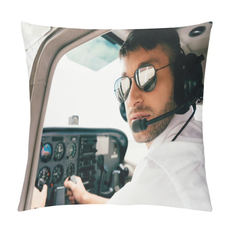 Personality  Pilot In Sunglasses And Headset Looking At Camera In Plane Pillow Covers