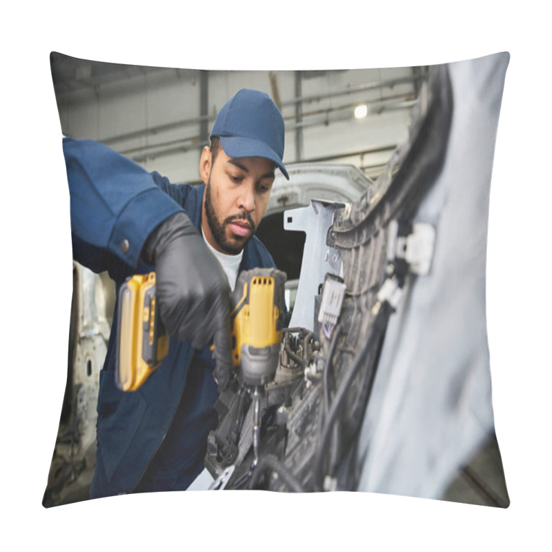 Personality  Handsome Young Mechanic Focuses Intently While Repairing A Vehicle In His Workplace. Pillow Covers