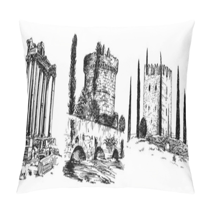 Personality  Set Of Romantic Italian Castles And Monuments. Hand Drawn Set Pillow Covers