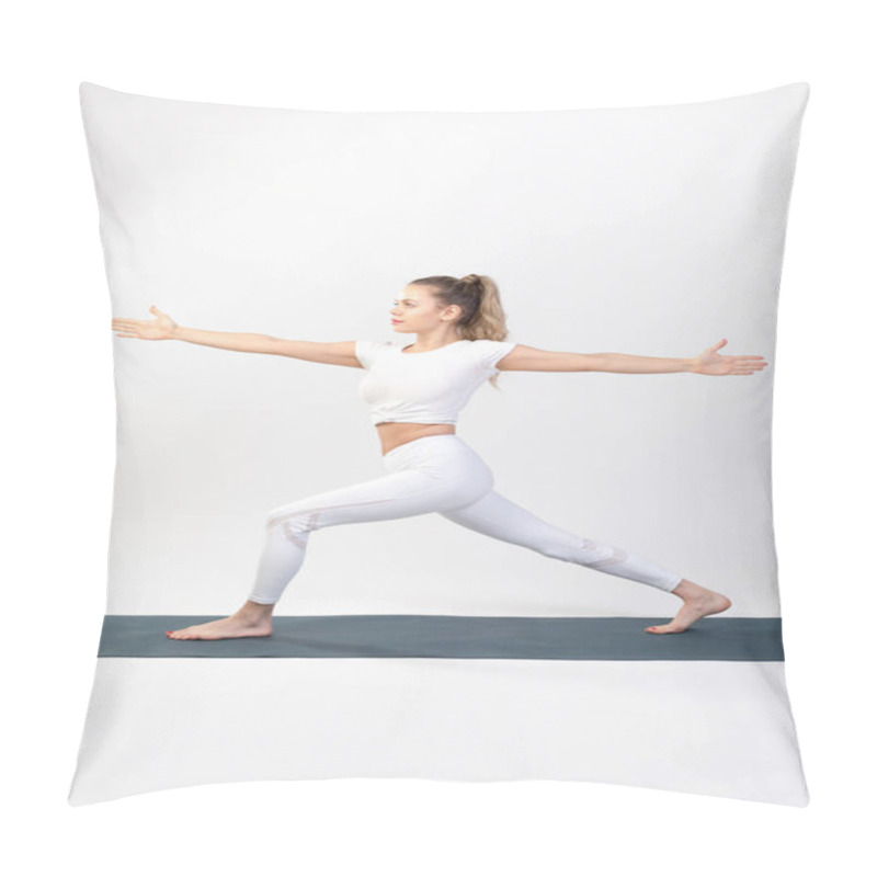 Personality  Sporty Young Woman Doing Yoga Practice On White Background. Pillow Covers