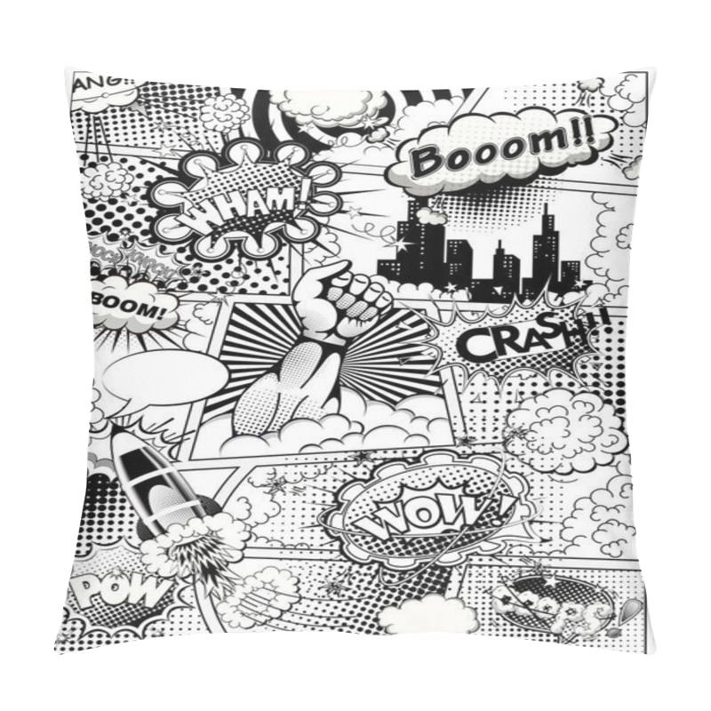 Personality  Black And White Comic Book Page Divided By Lines With Speech Bubbles, Rocket, Superhero Hand And Sounds Effect. Vector Illustration Pillow Covers