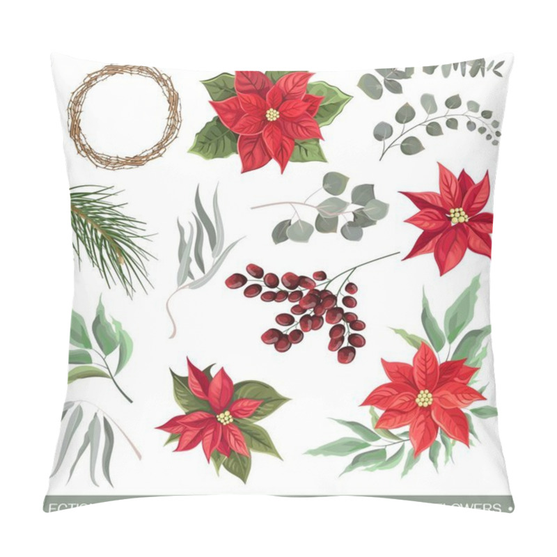 Personality  Vector Christmas Set. Red Poinsettia, Green Leaves, Berries, Wreath Of Branches. Christmas Flowers Compositions On White Background . Vector Illustration Pillow Covers