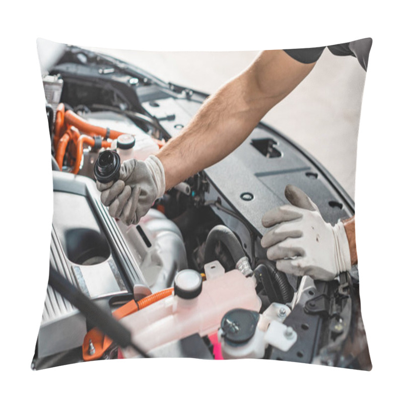 Personality  Cropped View Of Mechanic Holding Oil Cap Near Motor Compartment Pillow Covers