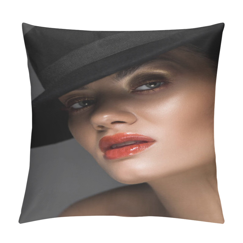 Personality  Attractive Girl With Makeup Posing In Black Felt Hat, Isolated On Grey Pillow Covers