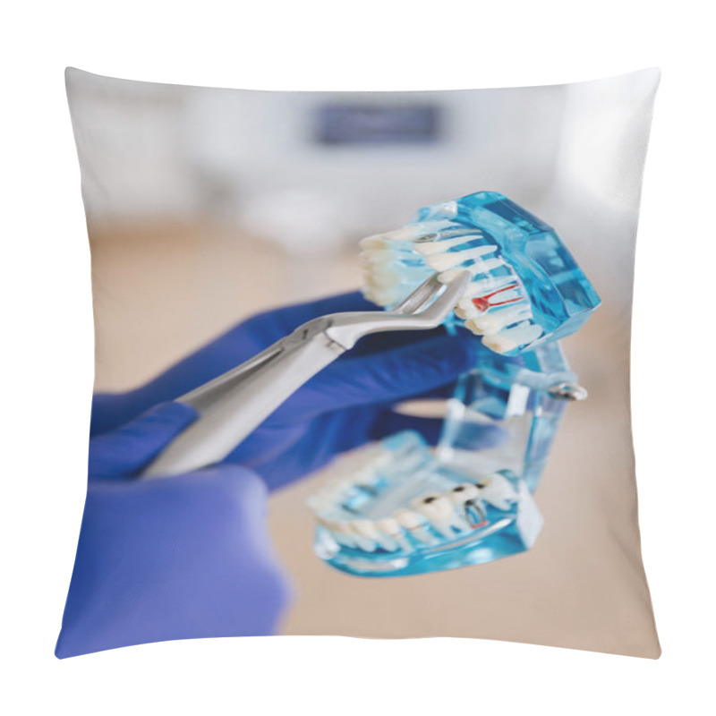 Personality  Dentist Demonstrating Tooth Extraction Using A Transparent Jaw Model In A Clinical Setting. High Quality Photo Pillow Covers