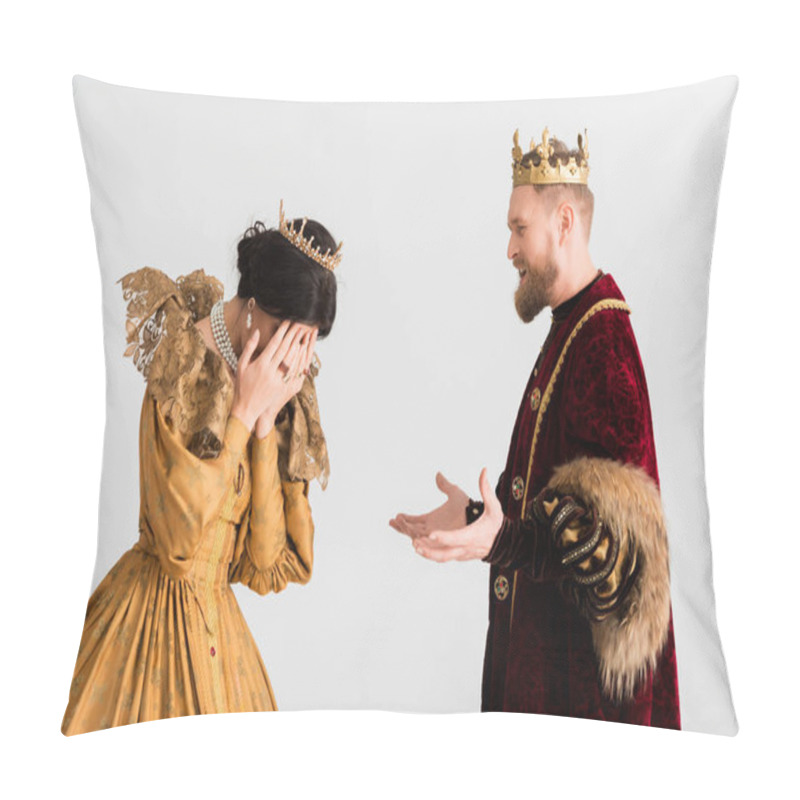 Personality  Queen And King With Crowns Quarreling Isolated On Grey  Pillow Covers