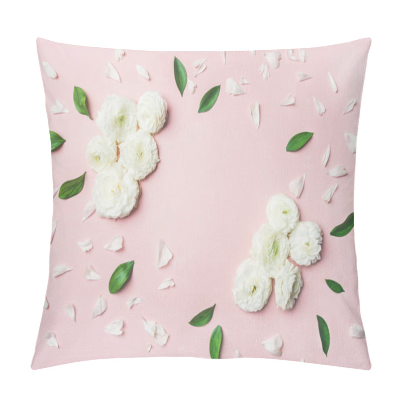 Personality  Floral Background Composition. White Ranunculus Flowers, Petals And Leaves Over Light Pink Background Pillow Covers