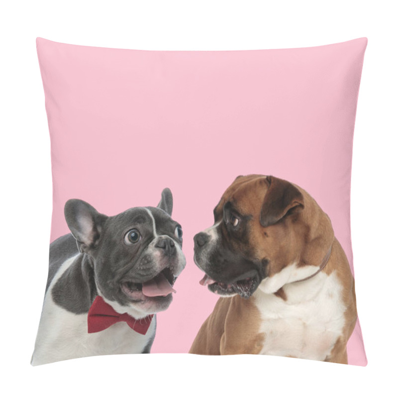 Personality  Team Of French Bulldog And Boxer Wearing Bowtie, Panting And Sticking Out Tongue On Pink Background Pillow Covers