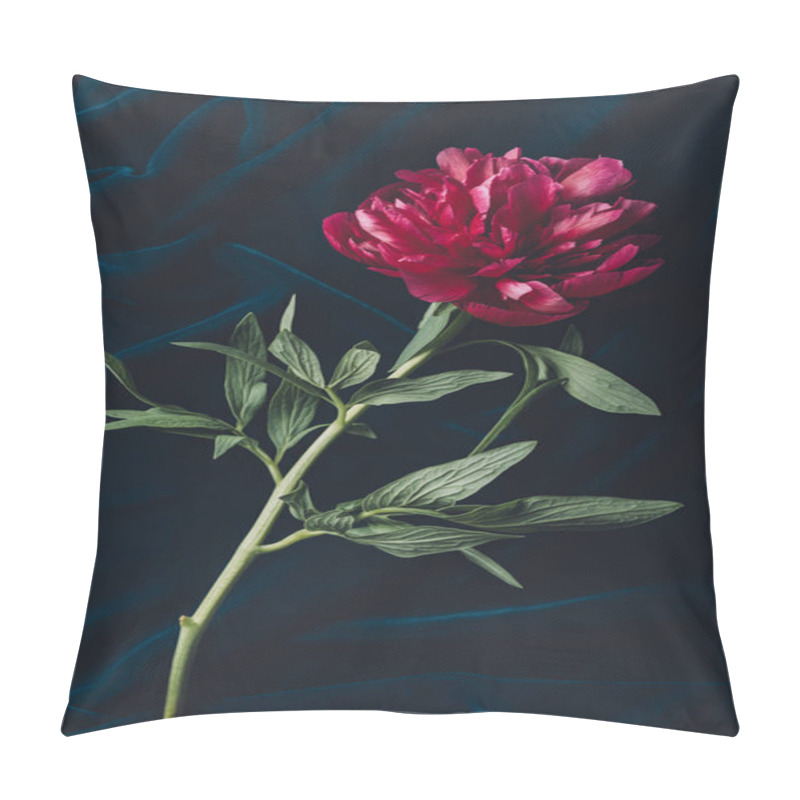 Personality  Top View Of One Pink Peony With Leaves On Dark Cloth Pillow Covers