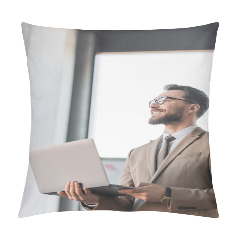 Personality  Happy And Satisfied Corporate Manager In Eyeglasses And Fashionable Business Attire Such As Beige Blazer And Tie Standing With Laptop And Looking Away In Office Pillow Covers