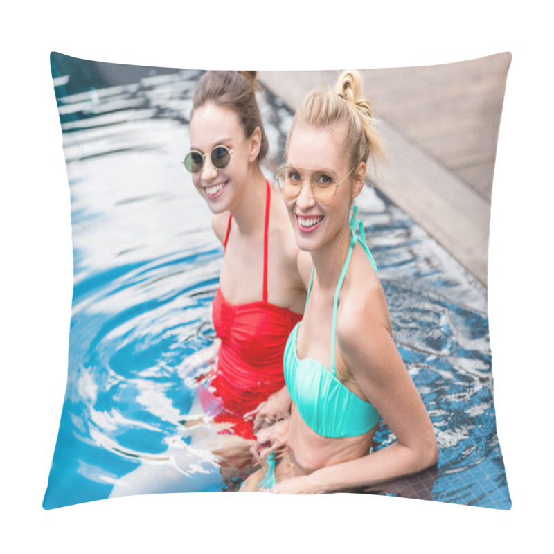 Personality  Smiling Young Women Sitting In Swimming Pool And Looking At Camera Pillow Covers