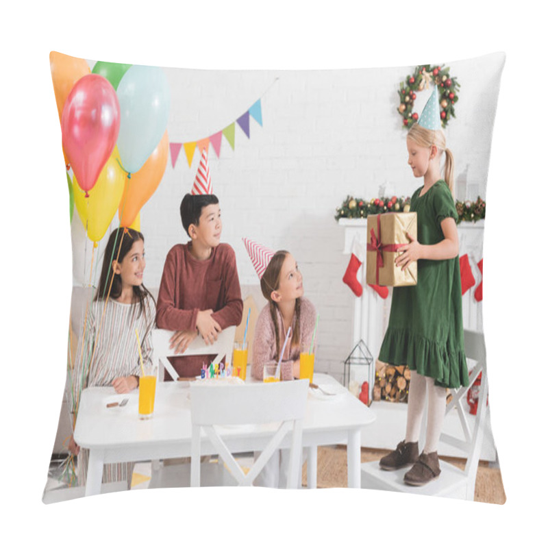 Personality  Interracial Kids In Party Caps Holding Balloons Near Friend With Gift And Birthday Cake At Home  Pillow Covers