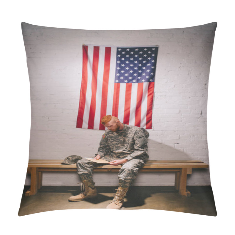 Personality  Red Hair American Soldier With Letter Sitting On Wooden Bench With Flag On White Brick Wall Behind, Americas Independence Day Concept Pillow Covers