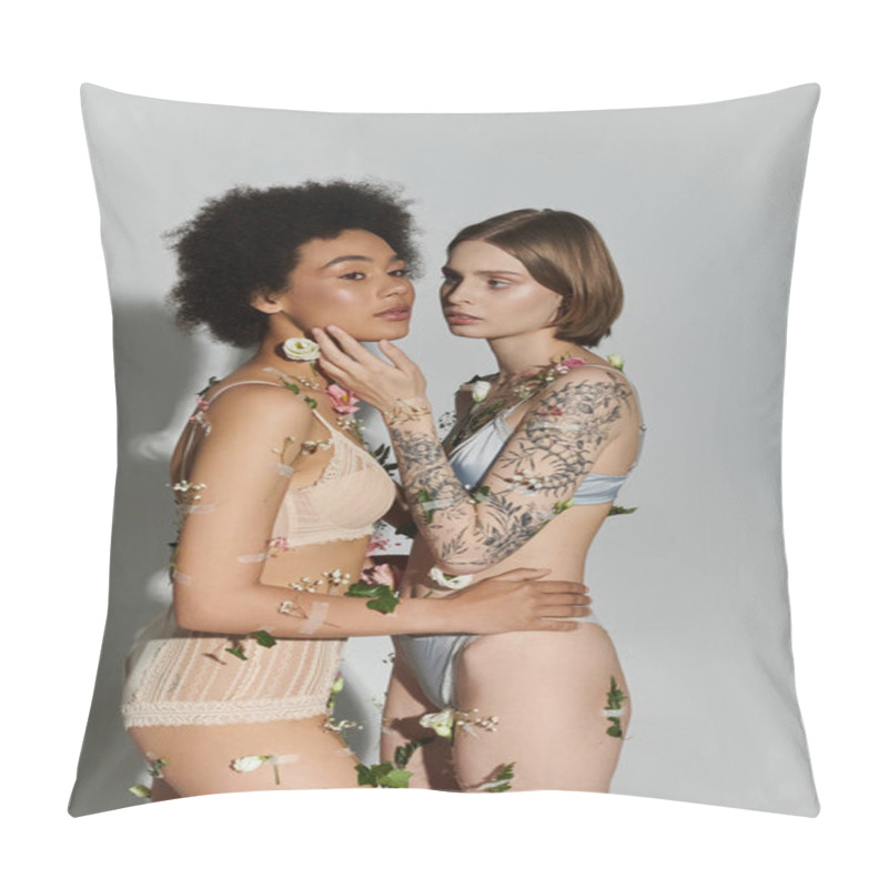 Personality  Two Women Embrace Tenderly Amid Delicate Blossoms, Celebrating Their Love. Pillow Covers