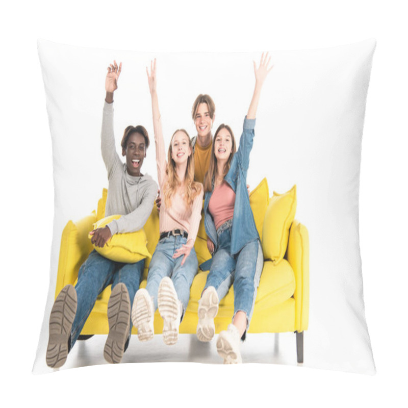 Personality  Positive Multiethnic Teenagers Waving Hands At Camera While Sitting On Couch On White Background Pillow Covers