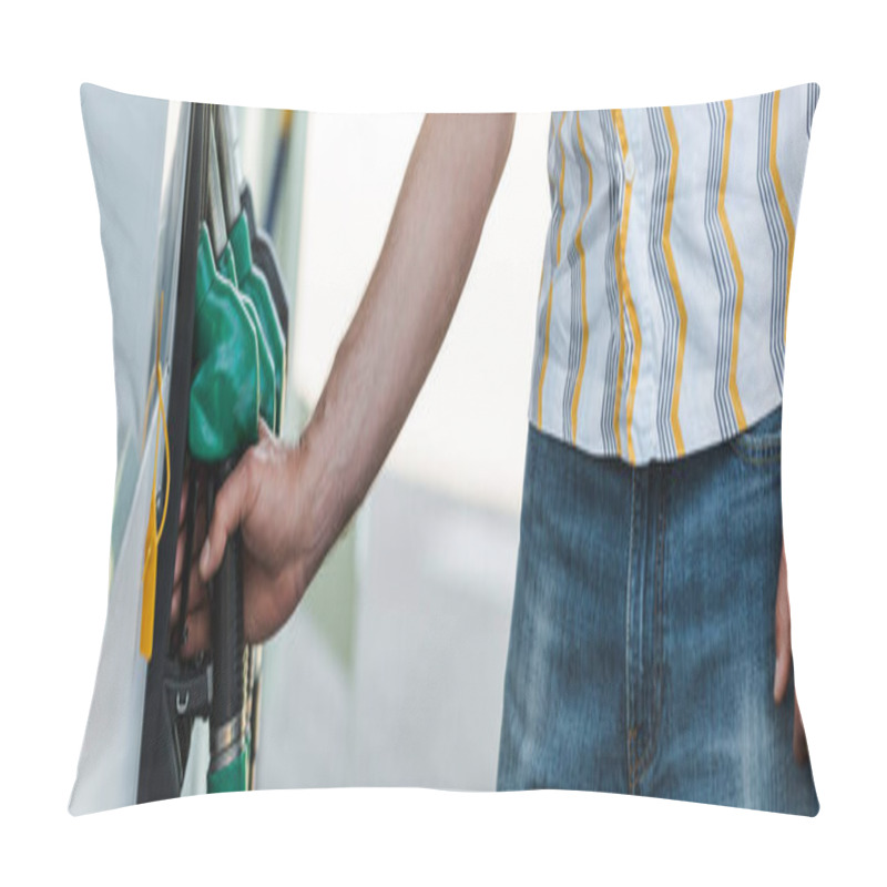 Personality  Panoramic Shot Of Man Holding Fueling Nozzle On Gas Station Outdoors  Pillow Covers