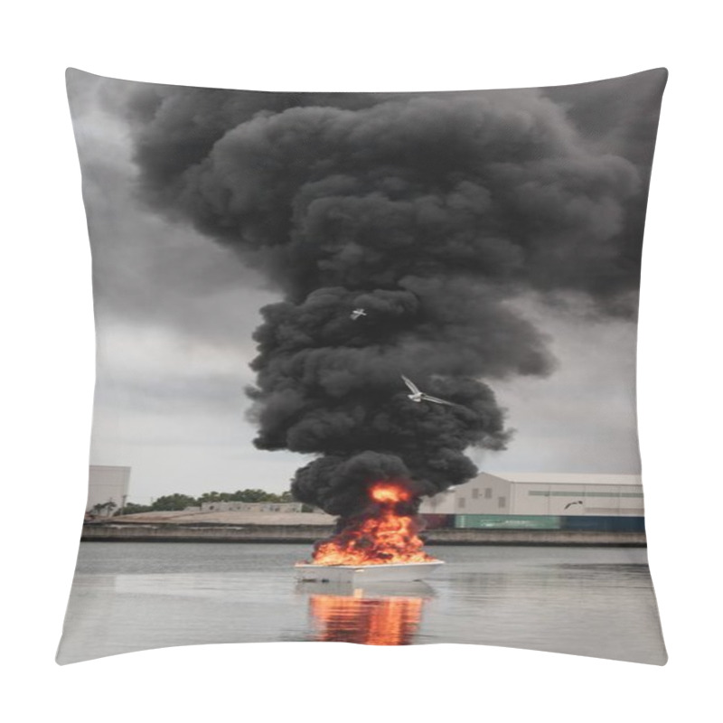 Personality  A Vertical Picture Of A Burning Boat With Heavy Smoke On The Water Under A Cloudy Sky At Daytime Pillow Covers