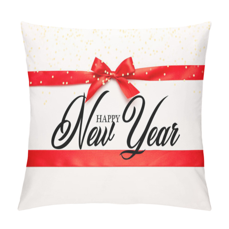 Personality  Top View Of Red Ribbon And Bow With Happy New Year Lettering On White  Pillow Covers