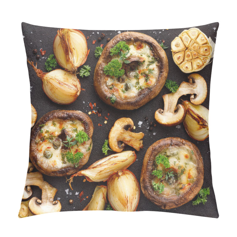 Personality  Baked Portobello Mushrooms Stuffed With Cheese And Herbs On A Black Background, Close-up, Top View. Vegetarian Food Pillow Covers