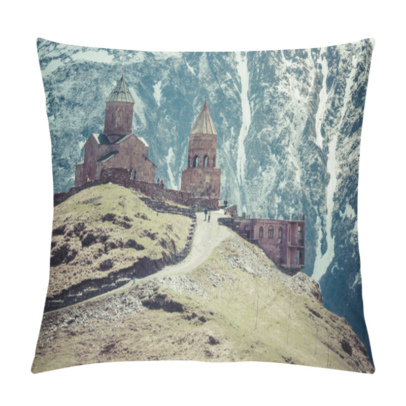 Personality  Georgia, Stepantsminda-Sameba. Ancient Gergeti Trinity Church Hi Pillow Covers