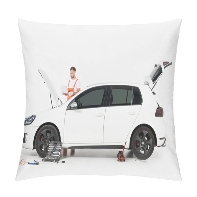 Personality  Handsome Auto Mechanic Using Laptop Near Car With Open Hood On White Pillow Covers