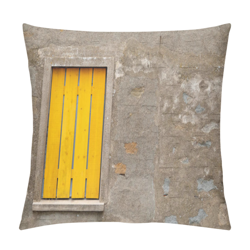 Personality  Facade Of An Old Stone House With Windows With Yellow Shutters Pillow Covers