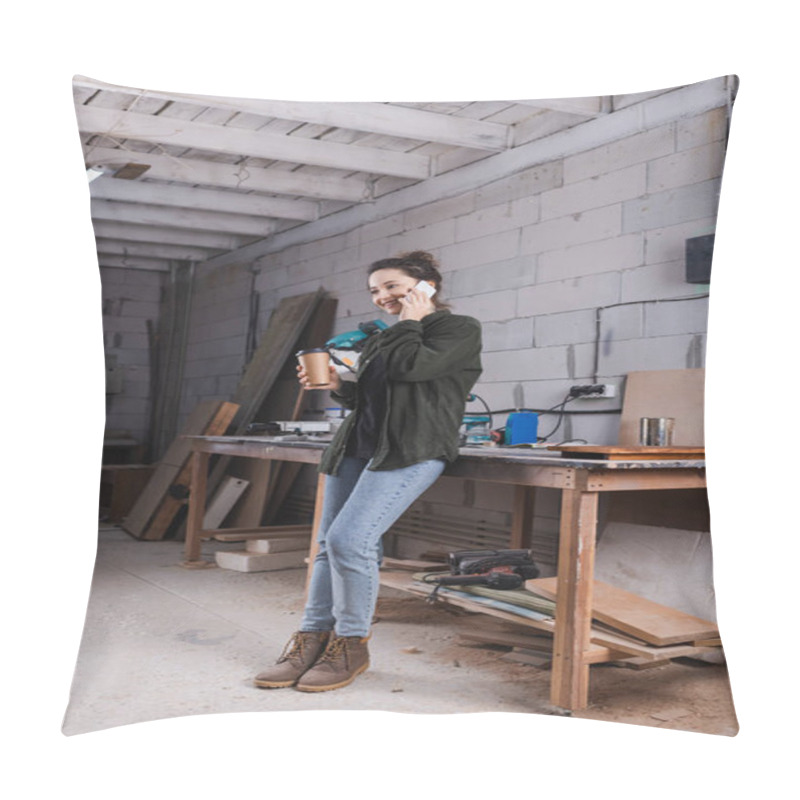 Personality  Smiling Furniture Designer Holding Coffee To Go And Talking On Smartphone In Workshop  Pillow Covers