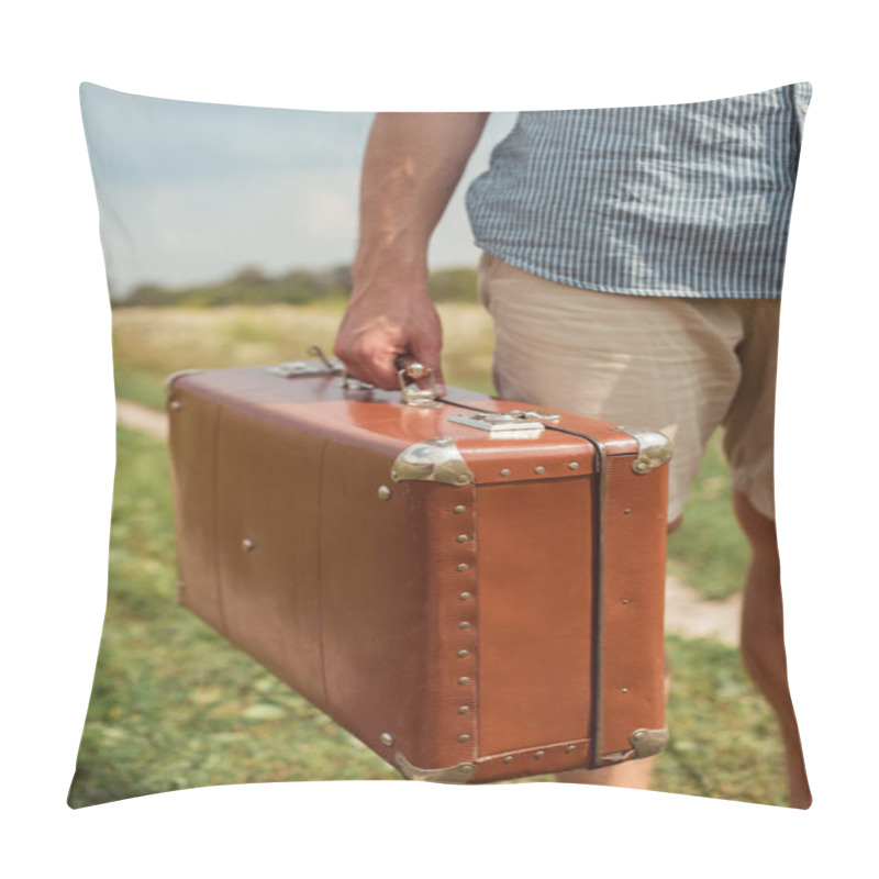 Personality  Cropped Shot Of Man Holding Retro Suitcase In Filed With Wild Flowers On Summer Day Pillow Covers