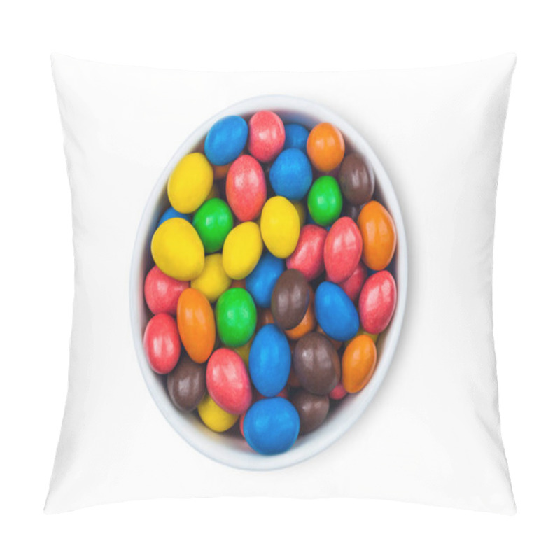 Personality  Various Milk Chocolate Sweet Candies With A Rice Centre In A Sugar Shell On White Background. Top View Pillow Covers