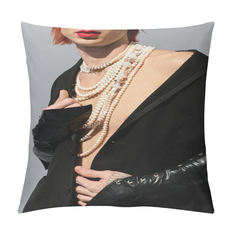 Personality  A Young Man Shows Off A Bold Style With Layered Pearls And Expressive Attire In Soft Light. Pillow Covers