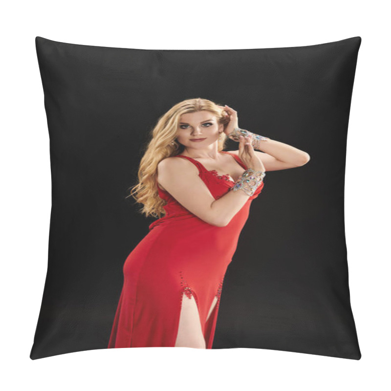 Personality  A Young Woman In A Vibrant Red Dress Strikes A Pose While Performing A Dance. Pillow Covers