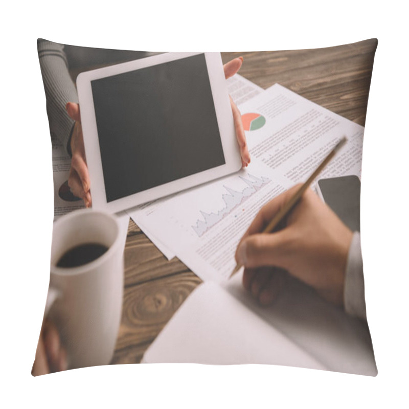 Personality  Cropped View Of Business Colleagues Brainstorming With Documents And Digital Tablet Pillow Covers