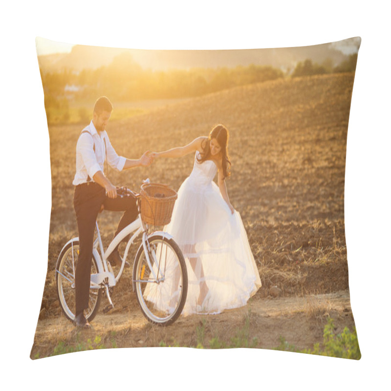 Personality  Bride And Groom With A White Wedding Bike Pillow Covers