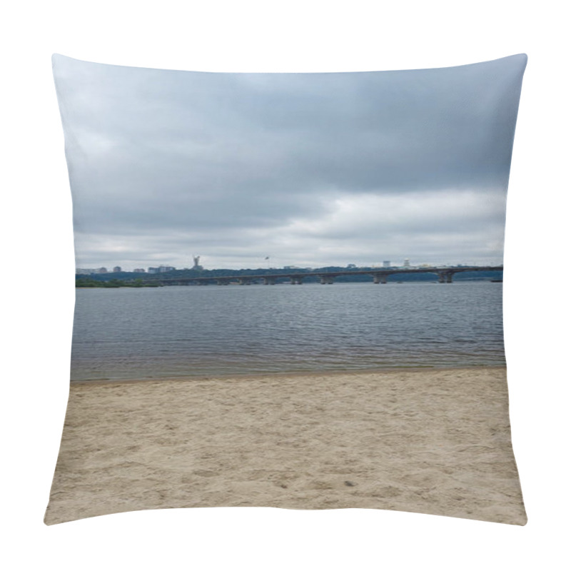 Personality  Sandy Beach With Bridge And Overcast Sky Over River Pillow Covers